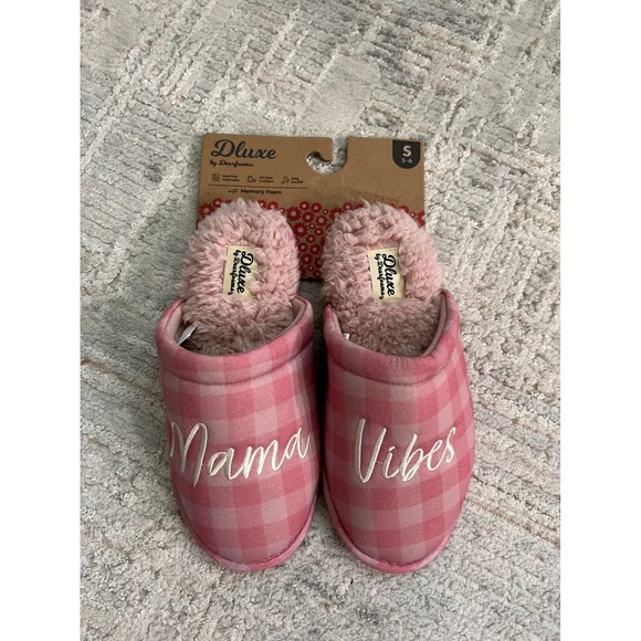 DLuxe by Dearfoams Mama Vibes Pink Plaid Memory Foam Slippers Size S 5-6 - Picture 1 of 7